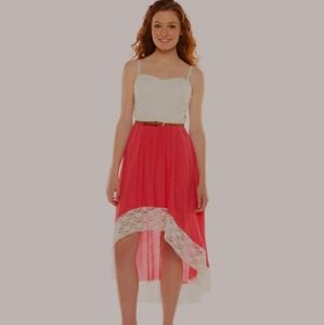 High Low Belted Lace Dress (Tan & White lace)